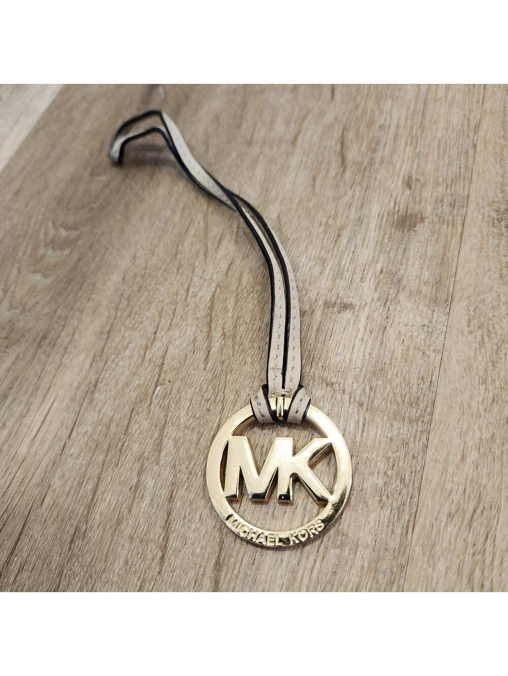 Michael Kors Gold MK Logo Bag Charm Fob Purse Hang Tag Circle Leather Strap